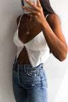 White Split Front Lace Ruched Crop Top
