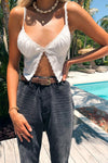 White Split Front Lace Ruched Crop Top