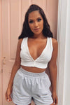 White Ribbed Button V-Neck Crop Top