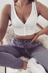 White Ribbed Button V-Neck Crop Top