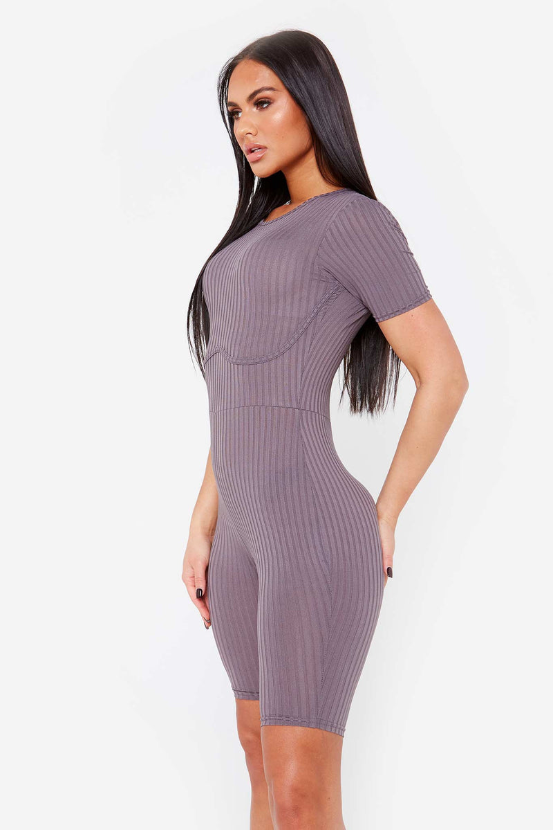 Grey Ribbed Corset Unitard