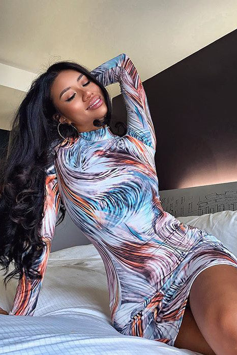 Multi Print High Neck Mini Dress