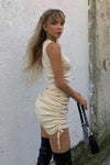 Beige Ribbed Sleeveless Ruched Mini Dress