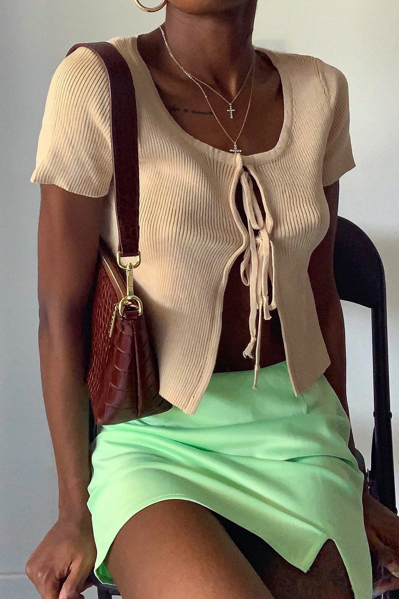 Beige Ribbed Double Tie Front Cropped Cardigan