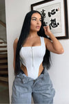 White Zip Front High Leg Bodysuit