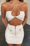 White Ruched Strappy Halterneck Crop Top