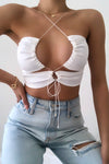 White Satin Ruched Tie Front Crop Top