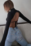 Black Ribbed High Neck Tie Back Crop Top