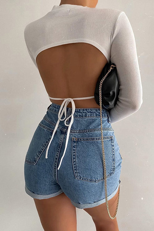 White Ribbed High Neck Tie Back Crop Top