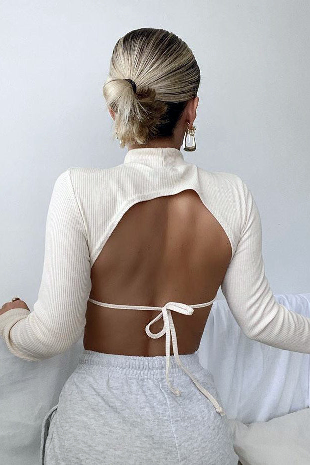 White Ribbed High Neck Tie Back Crop Top