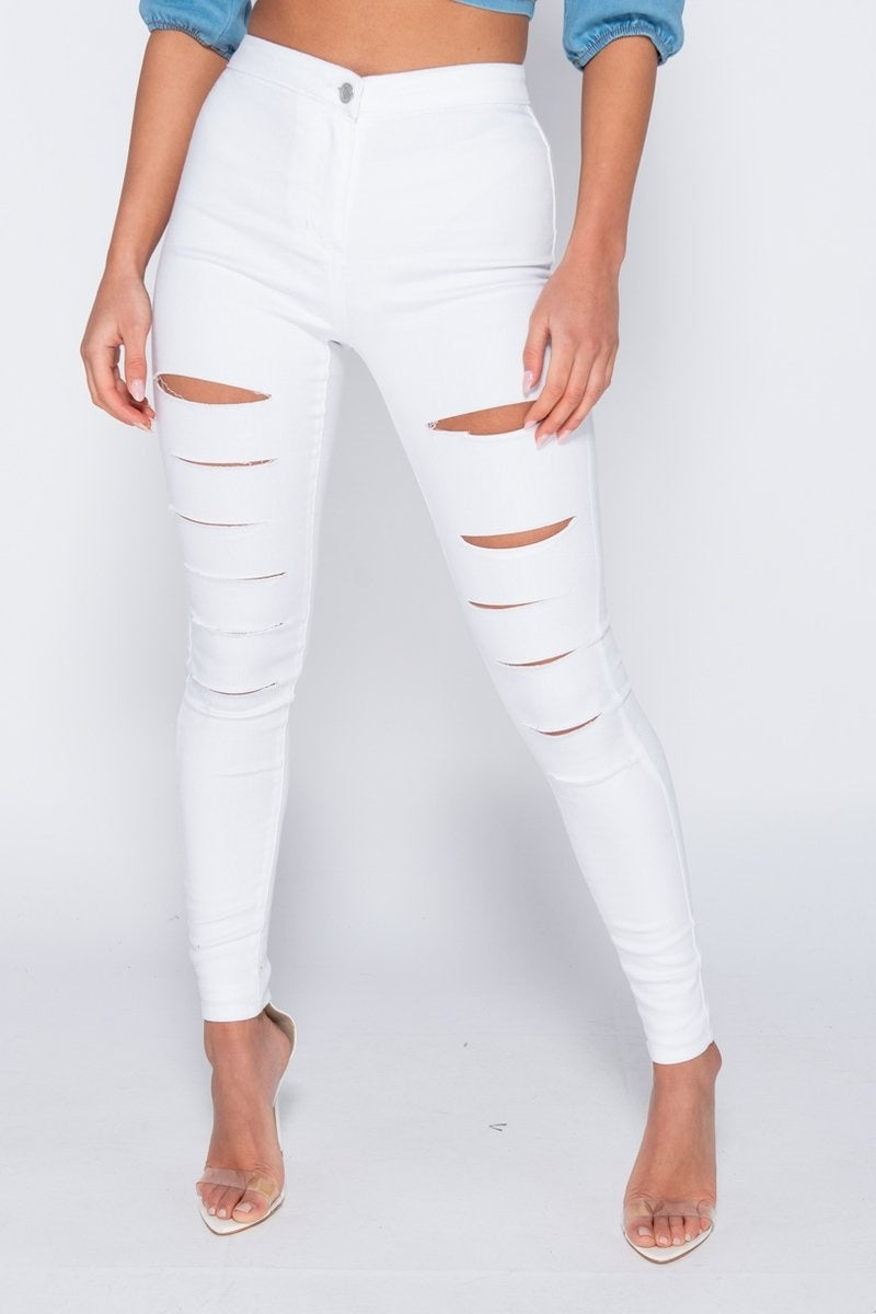 White Multi Slash High Waisted Jeans
