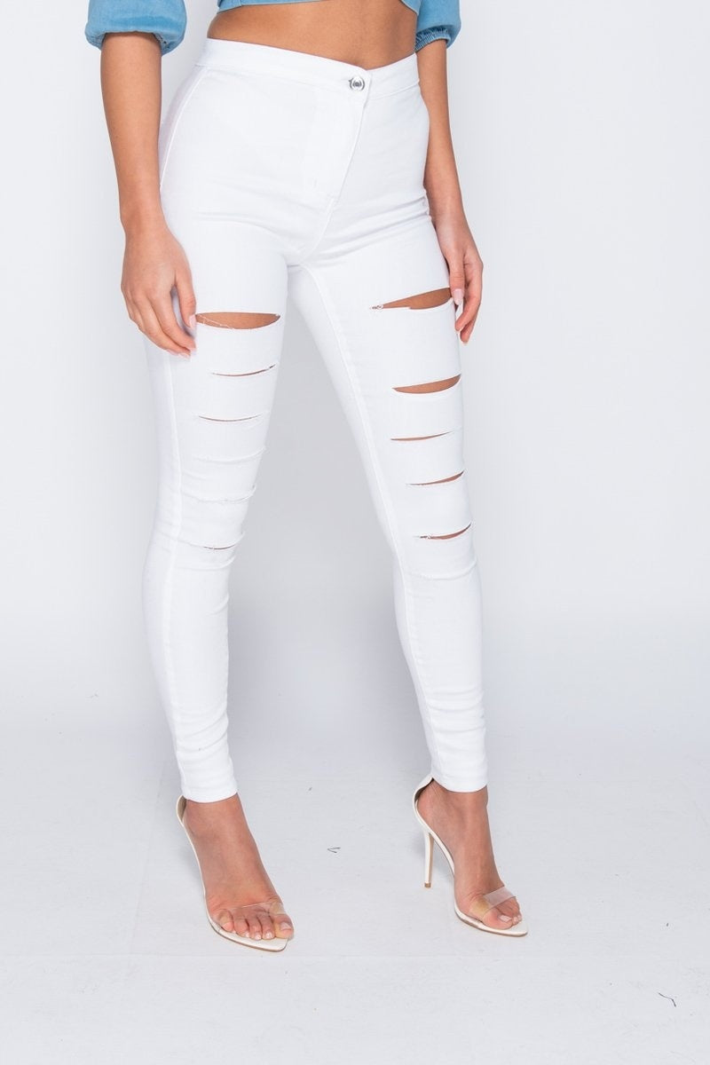 White Multi Slash High Waisted Jeans