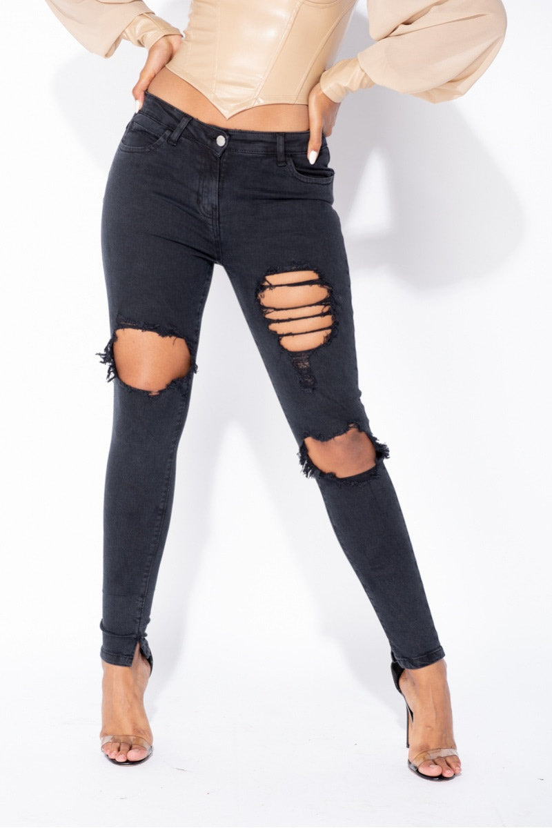 Washed Black High Waisted Ripped Skinny Jeans