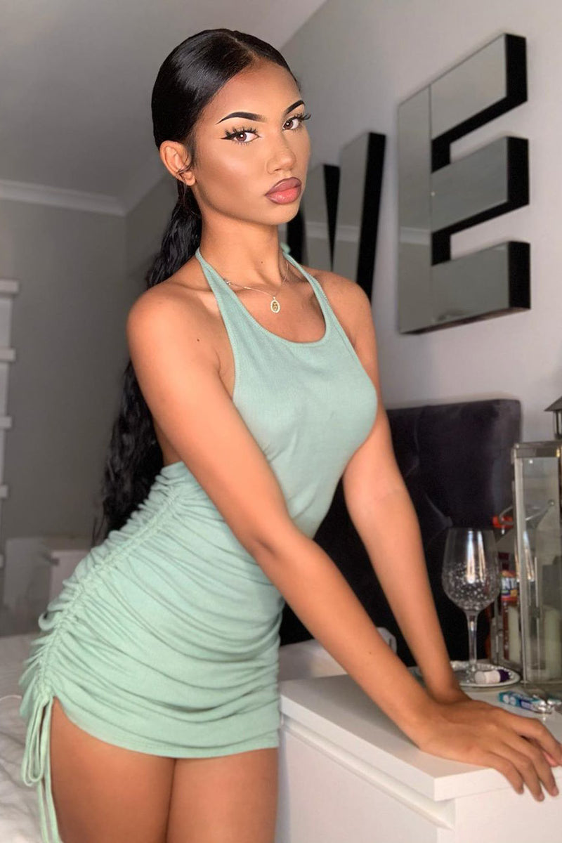 Sage Ribbed Ruched Halterneck Mini Dress