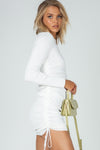 White Ribbed Ruched Long Sleeve Mini Dress