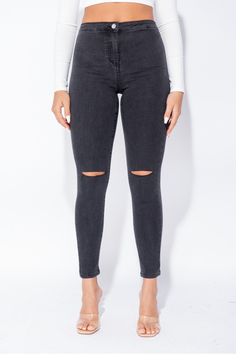 Washed Black Knee Ripped High Waisted Jeans