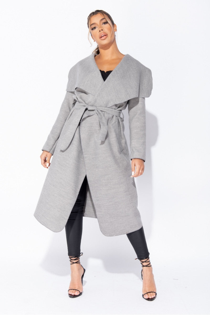 Light Grey Oversized Belted Waterfall Coat