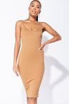 Camel Ribbed Plunge Bodycon Midi Dress