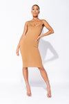 Camel Ribbed Plunge Bodycon Midi Dress