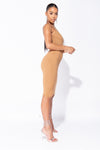 Camel Ribbed Plunge Bodycon Midi Dress