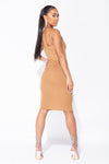 Camel Ribbed Plunge Bodycon Midi Dress