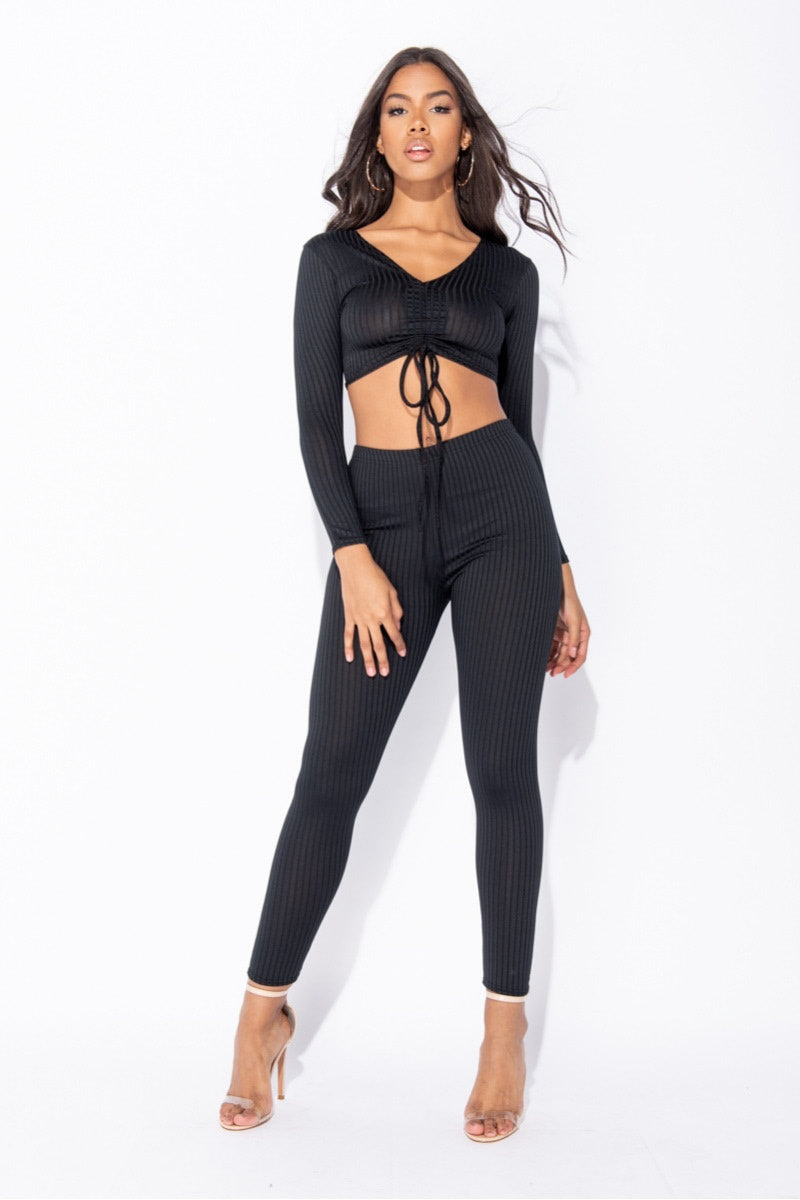 Black Ribbed Ruched Front Loungewear Set