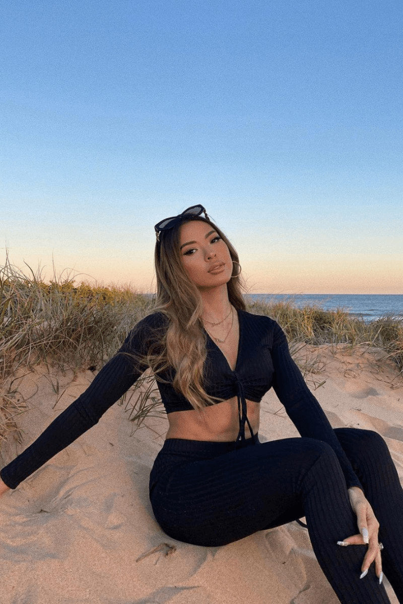Black Ribbed Ruched Front Loungewear Set