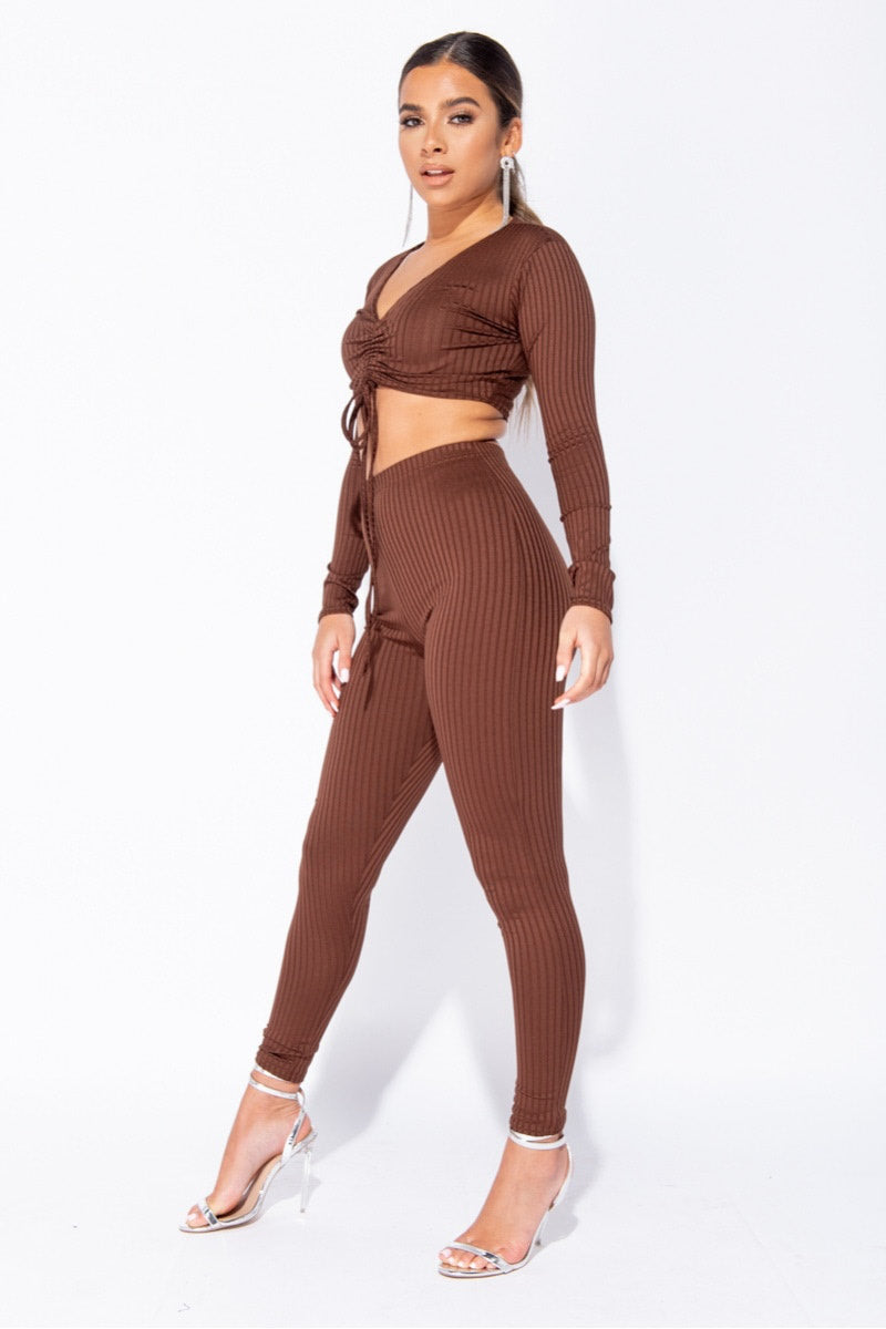 Brown Ribbed Ruched Front Loungewear Set