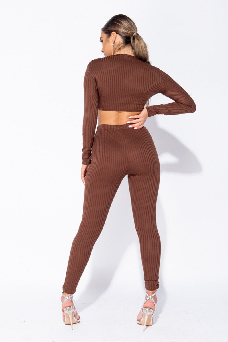 Brown Ruched Ribbedtee Brown Ribbed Ruched Front Loungewear Set | Nothingbutstyle
