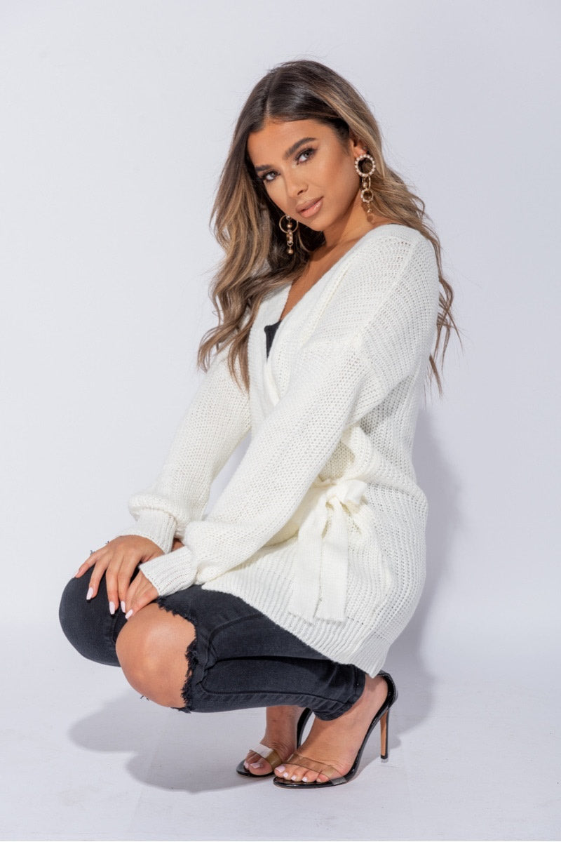 Cream Knitted Tie Front Mid Length Cardigan