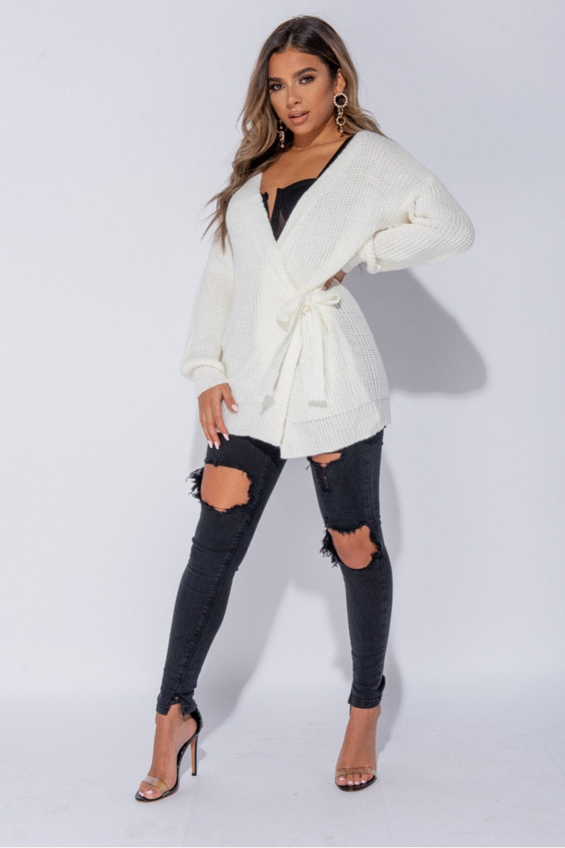 Cream Knitted Tie Front Mid Length Cardigan