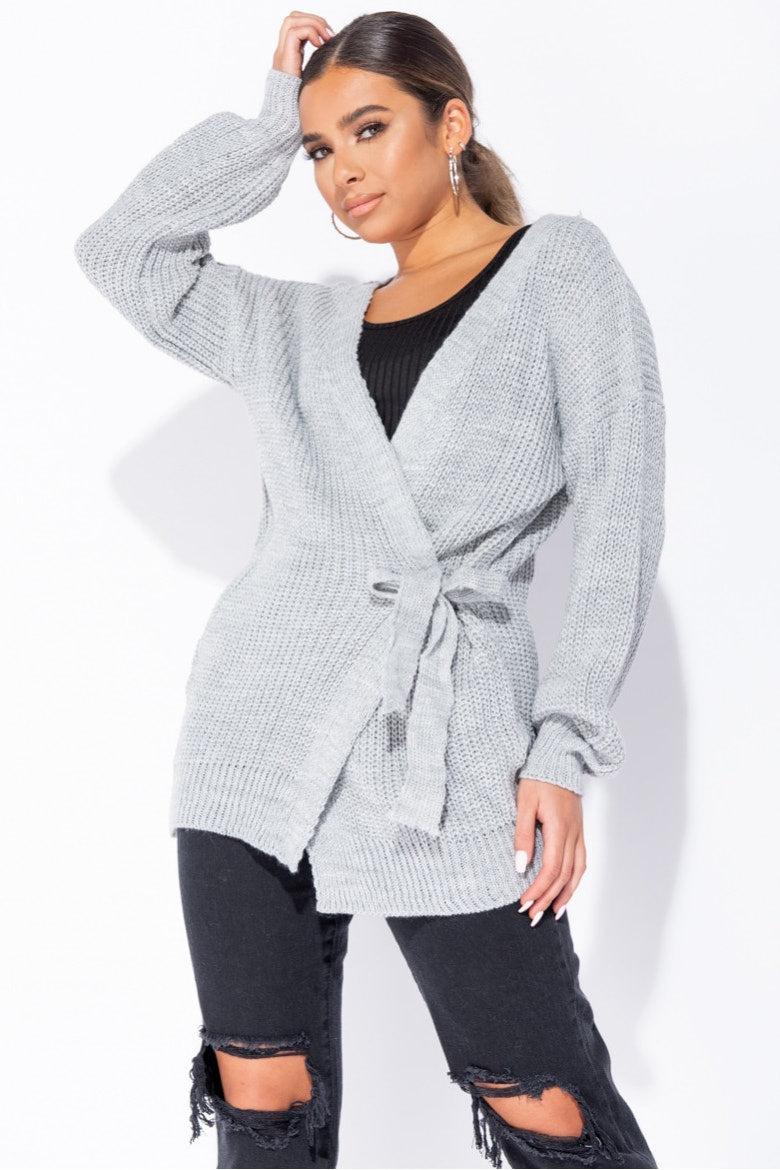 Light Grey Knitted Tie Front Mid Length Cardigan