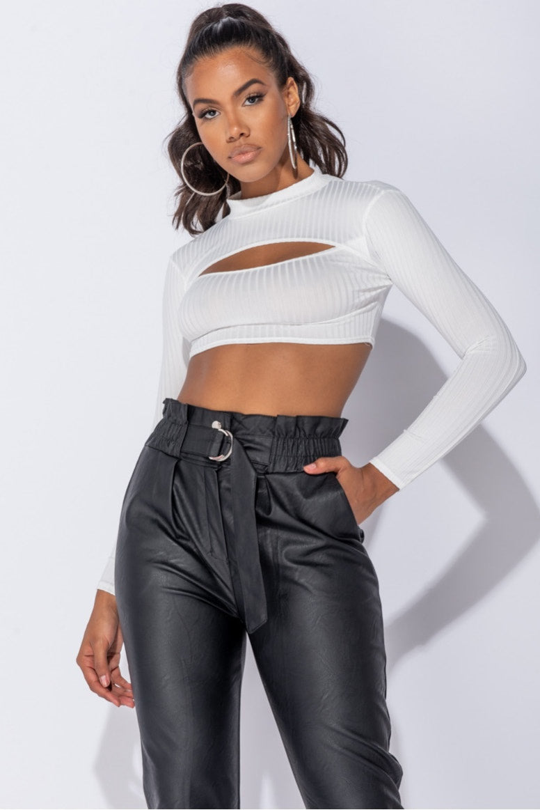 Cream Ribbed Cut Out Front High Neck Crop Top