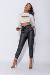 Cream Ribbed Cut Out Front High Neck Crop Top