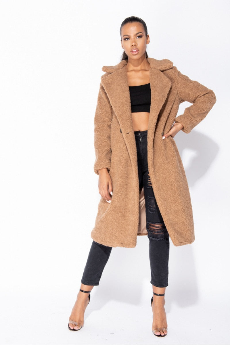 Mocha Longline Borg Teddy Coat