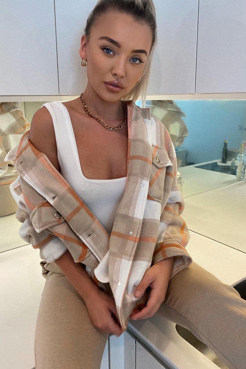 Beige Check Oversized Shacket