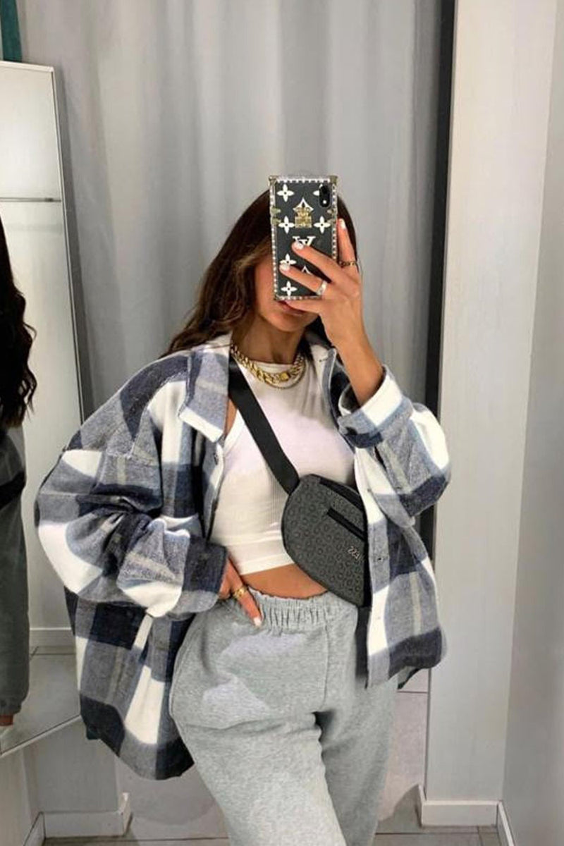 Navy Blue Check Oversized Shacket
