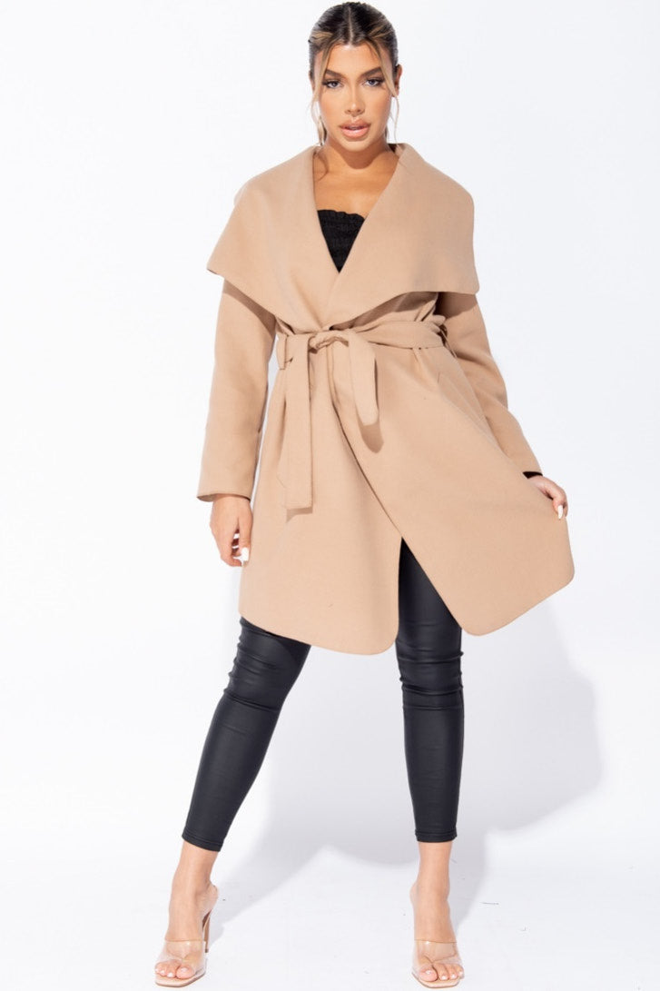 Camel Oversized Belted Mid Length Waterfall Coat