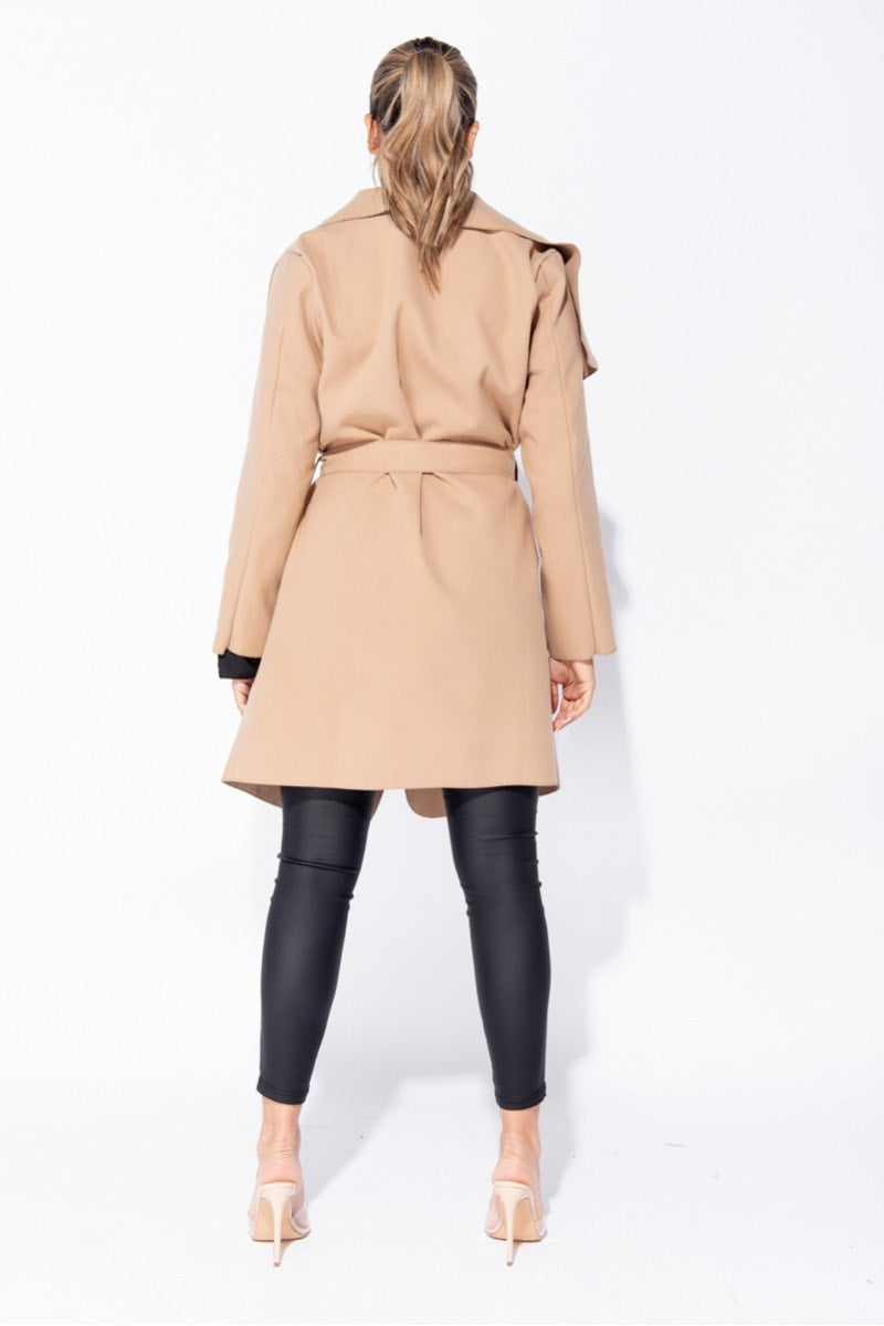 Camel Oversized Belted Mid Length Waterfall Coat