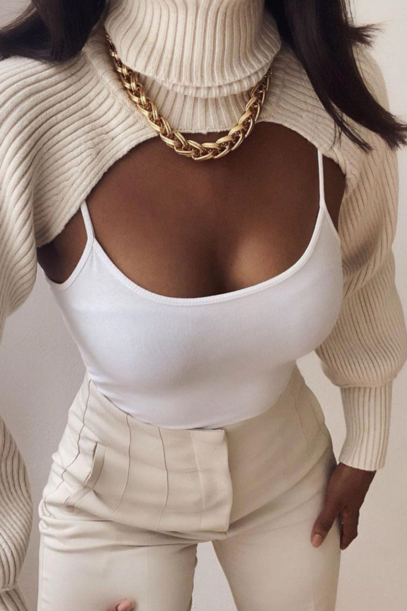 Beige Knitted Turtleneck Arm Warmers