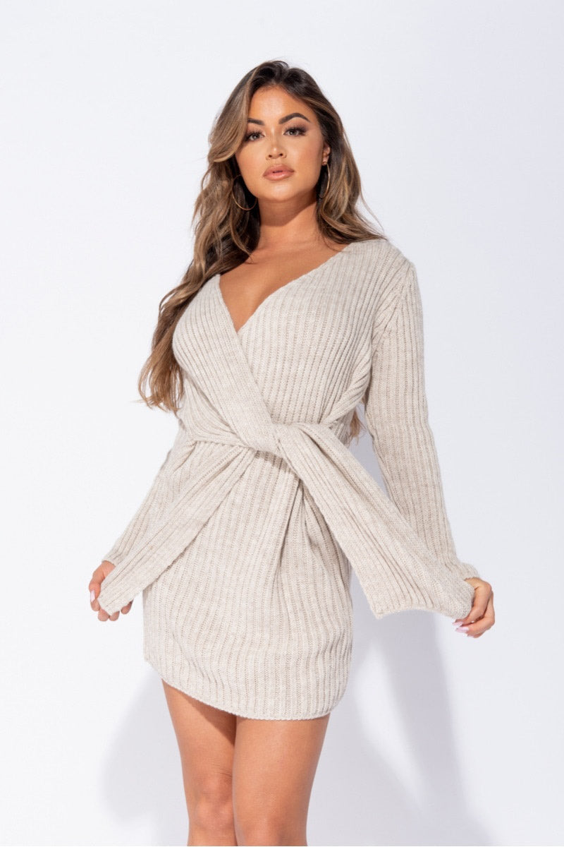 Beige Knitted Wrapover Jumper Dress
