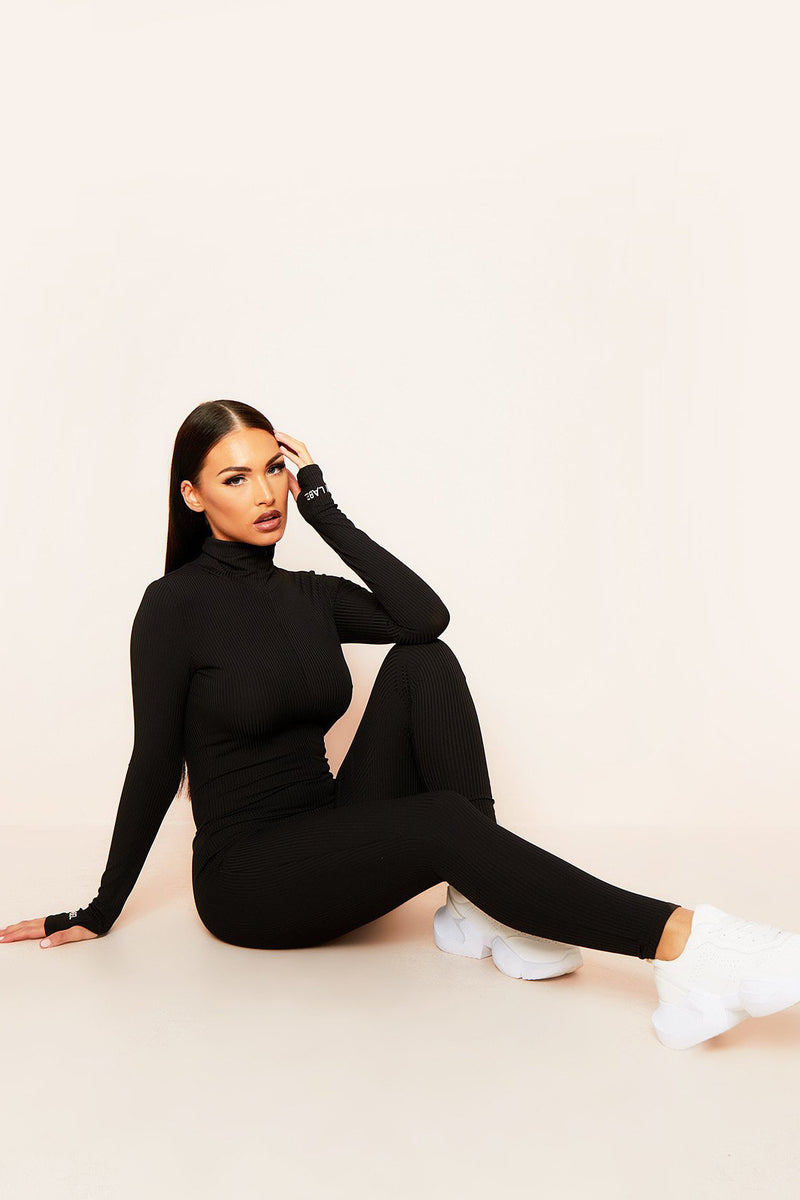 Black Ribbed High Neck Zip Front Jumpsuit