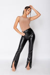 Black Faux Leather Split Front Flared Trousers