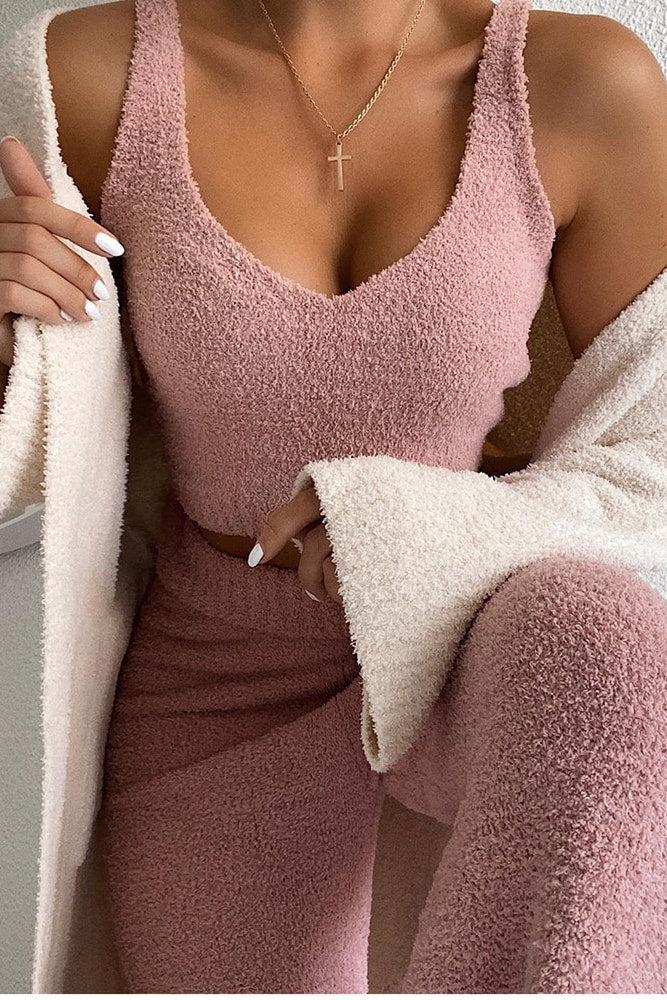 Blush Pink Fluffy Rib Knitted Vest + Wide Leg Lounge Set