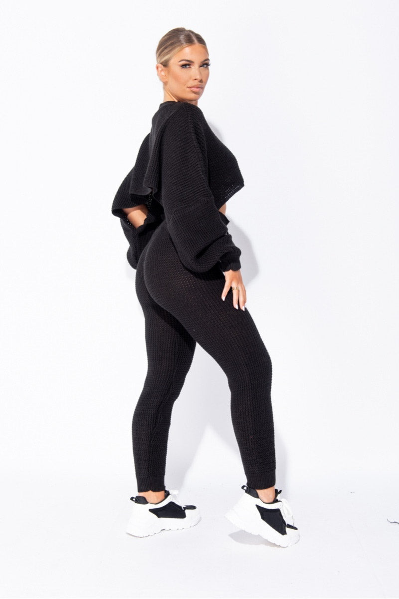 Black Waffle Knitted Lounge Set