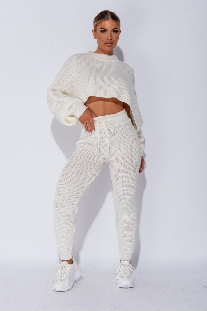 Cream Waffle Knitted Lounge Set