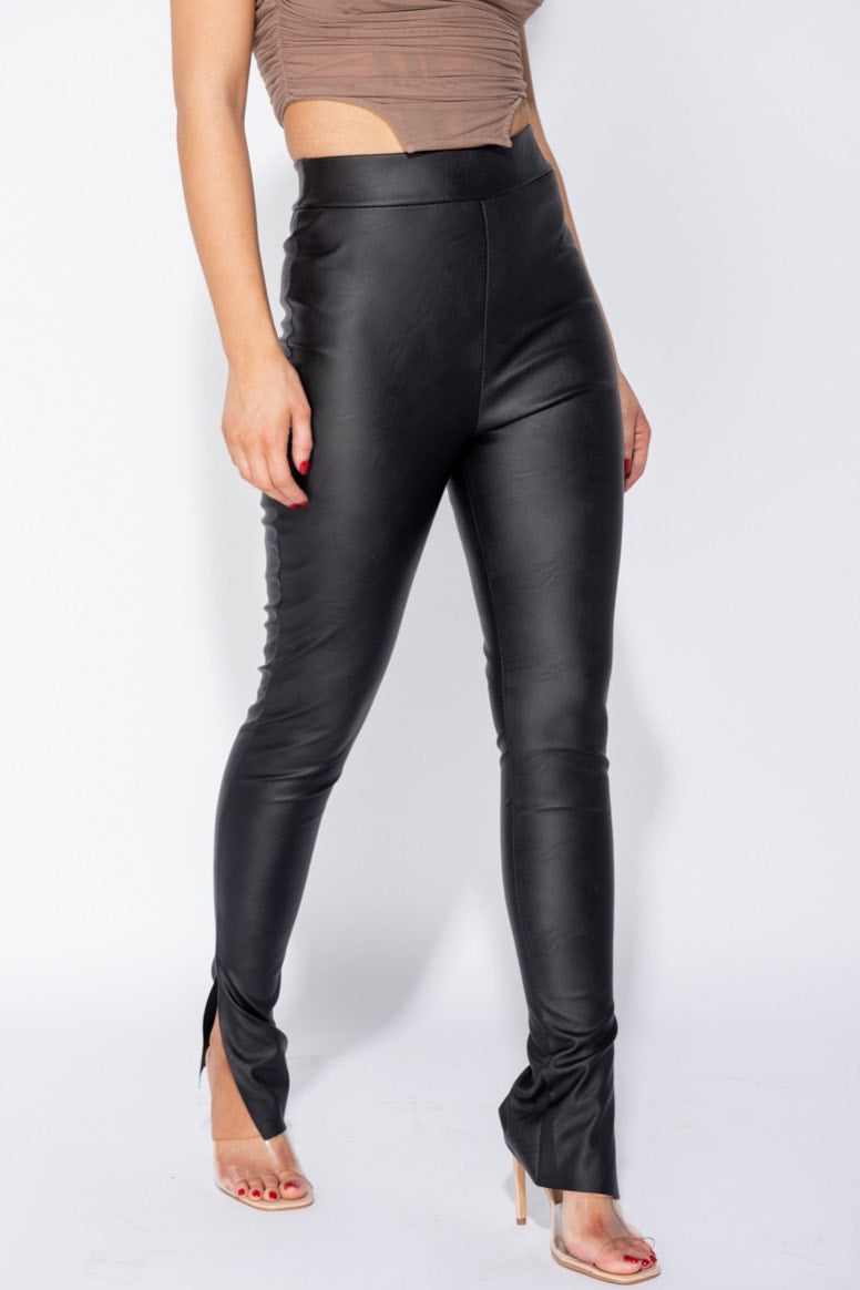 Black Faux Leather Side Split Hem Leggings