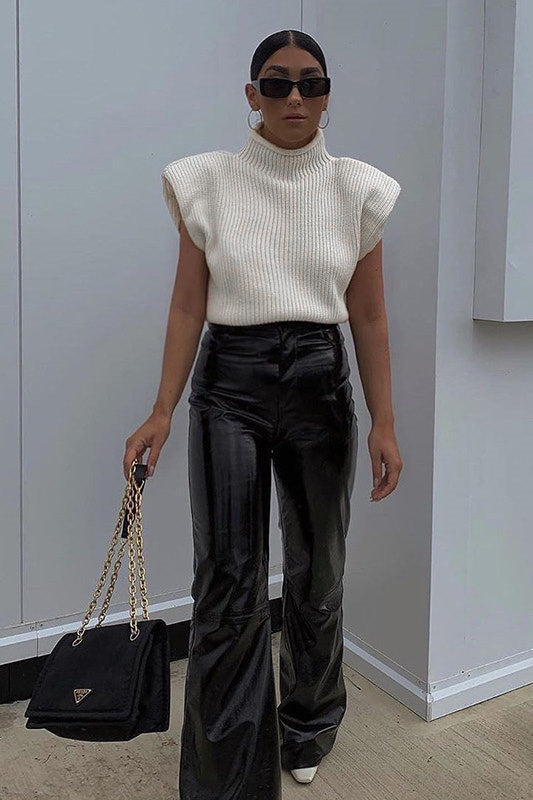 Beige Knitted High Neck Sleeveless Top