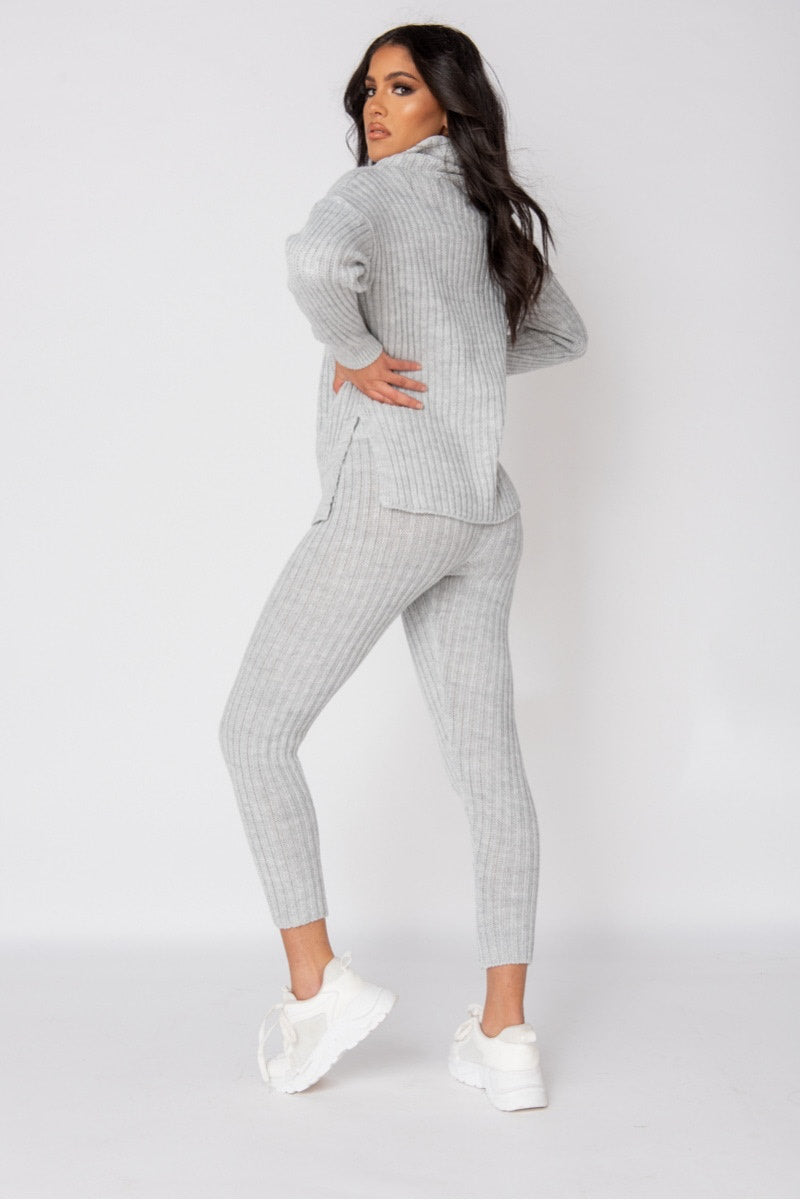 Grey Knitted Roll Neck Jumper & Leggings Lounge Set