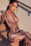 Brown Multi Print Plunge Tie Front Maxi Dress